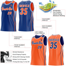 Laden Sie das Bild in den Galerie-Viewer, Custom Royal Orange-White Side Panel Stripe Geometric Triangle Gradient Dot Reversible Double Side Sublimation Basketball Set Jersey
