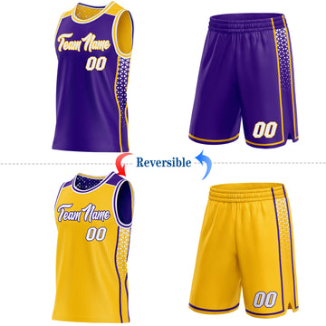 Custom Purple White-Gold Side Panel Stripe Geometric Triangle Gradient Dot Reversible Double Side Sublimation Basketball Set Jersey