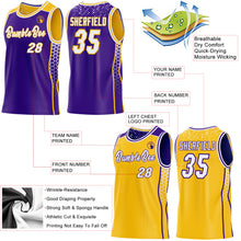 Laden Sie das Bild in den Galerie-Viewer, Custom Purple White-Gold Side Panel Stripe Geometric Triangle Gradient Dot Reversible Double Side Sublimation Basketball Set Jersey
