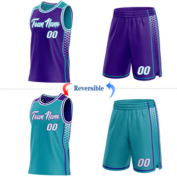 Custom Purple White-Teal Side Panel Stripe Geometric Triangle Gradient Dot Reversible Double Side Sublimation Basketball Set Jersey