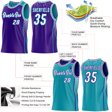 Charger l'image dans la galerie, Custom Purple White-Teal Side Panel Stripe Geometric Triangle Gradient Dot Reversible Double Side Sublimation Basketball Set Jersey
