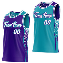 Charger l'image dans la galerie, Custom Purple White-Teal Side Panel Stripe Geometric Triangle Gradient Dot Reversible Double Side Sublimation Basketball Set Jersey
