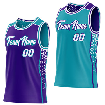 Custom Purple White-Teal Side Panel Stripe Geometric Triangle Gradient Dot Reversible Double Side Sublimation Basketball Set Jersey