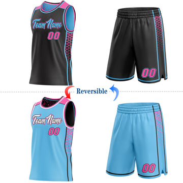 Custom Black Pink-Sky Blue Side Panel Stripe Geometric Triangle Gradient Dot Reversible Double Side Sublimation Basketball Set Jersey
