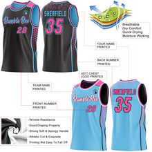 Laden Sie das Bild in den Galerie-Viewer, Custom Black Pink-Sky Blue Side Panel Stripe Geometric Triangle Gradient Dot Reversible Double Side Sublimation Basketball Set Jersey
