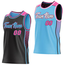 Laden Sie das Bild in den Galerie-Viewer, Custom Black Pink-Sky Blue Side Panel Stripe Geometric Triangle Gradient Dot Reversible Double Side Sublimation Basketball Set Jersey
