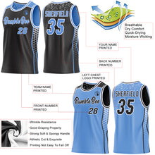 Load image into Gallery viewer, Custom Black Light Blue-White Side Panel Stripe Geometric Triangle Gradient Dot Reversible Double Side Sublimation Basketball Set Jersey
