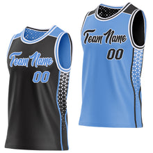 Load image into Gallery viewer, Custom Black Light Blue-White Side Panel Stripe Geometric Triangle Gradient Dot Reversible Double Side Sublimation Basketball Set Jersey
