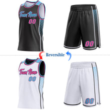 Laden Sie das Bild in den Galerie-Viewer, Custom Black Pink Sky Blue-White Side Panel Stripe Geometric Triangle Gradient Dot Reversible Double Side Sublimation Basketball Set Jersey
