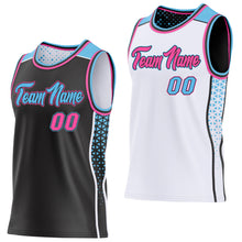 Laden Sie das Bild in den Galerie-Viewer, Custom Black Pink Sky Blue-White Side Panel Stripe Geometric Triangle Gradient Dot Reversible Double Side Sublimation Basketball Set Jersey
