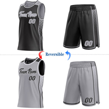 Custom Black Gray-White Side Panel Stripe Geometric Triangle Gradient Dot Reversible Double Side Sublimation Basketball Set Jersey