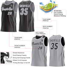 Laden Sie das Bild in den Galerie-Viewer, Custom Black Gray-White Side Panel Stripe Geometric Triangle Gradient Dot Reversible Double Side Sublimation Basketball Set Jersey
