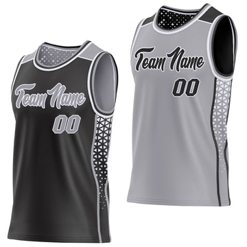 Custom Black Gray-White Side Panel Stripe Geometric Triangle Gradient Dot Reversible Double Side Sublimation Basketball Set Jersey
