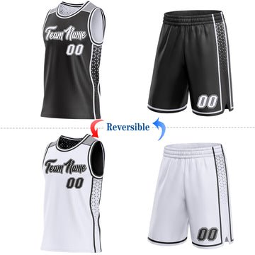 Custom Black White-Gray Side Panel Stripe Geometric Triangle Gradient Dot Reversible Double Side Sublimation Basketball Set Jersey