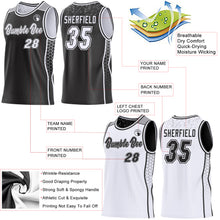 Laden Sie das Bild in den Galerie-Viewer, Custom Black White-Gray Side Panel Stripe Geometric Triangle Gradient Dot Reversible Double Side Sublimation Basketball Set Jersey
