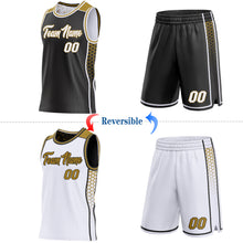 Laden Sie das Bild in den Galerie-Viewer, Custom Black White-Old Gold Side Panel Stripe Geometric Triangle Gradient Dot Reversible Double Side Sublimation Basketball Set Jersey
