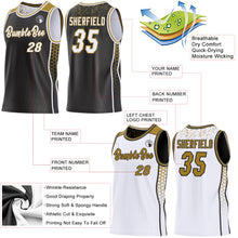 Laden Sie das Bild in den Galerie-Viewer, Custom Black White-Old Gold Side Panel Stripe Geometric Triangle Gradient Dot Reversible Double Side Sublimation Basketball Set Jersey

