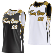 Laden Sie das Bild in den Galerie-Viewer, Custom Black White-Old Gold Side Panel Stripe Geometric Triangle Gradient Dot Reversible Double Side Sublimation Basketball Set Jersey

