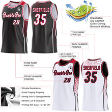 Laden Sie das Bild in den Galerie-Viewer, Custom Black White-Red Side Panel Stripe Geometric Triangle Gradient Dot Reversible Double Side Sublimation Basketball Set Jersey
