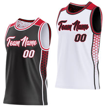 Laden Sie das Bild in den Galerie-Viewer, Custom Black White-Red Side Panel Stripe Geometric Triangle Gradient Dot Reversible Double Side Sublimation Basketball Set Jersey
