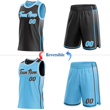 Custom Black Sky Blue-White Side Panel Stripe Geometric Triangle Gradient Dot Reversible Double Side Sublimation Basketball Set Jersey