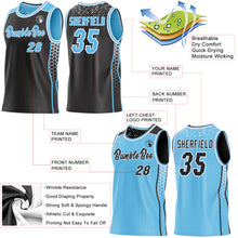 Загрузить изображение в средство просмотра галереи, Custom Black Sky Blue-White Side Panel Stripe Geometric Triangle Gradient Dot Reversible Double Side Sublimation Basketball Set Jersey
