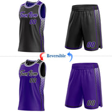 Load image into Gallery viewer, Custom Black Purple-White Side Panel Stripe Geometric Triangle Gradient Dot Reversible Double Side Sublimation Basketball Set Jersey
