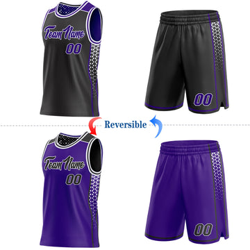 Custom Black Purple-White Side Panel Stripe Geometric Triangle Gradient Dot Reversible Double Side Sublimation Basketball Set Jersey