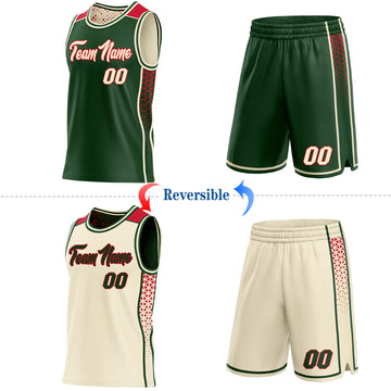 Custom Green Cream-Red Side Panel Stripe Geometric Triangle Gradient Dot Reversible Double Side Sublimation Basketball Set Jersey