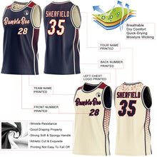 Laden Sie das Bild in den Galerie-Viewer, Custom Navy Cream-Maroon Side Panel Stripe Geometric Triangle Gradient Dot Reversible Double Side Sublimation Basketball Set Jersey
