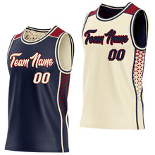 Laden Sie das Bild in den Galerie-Viewer, Custom Navy Cream-Maroon Side Panel Stripe Geometric Triangle Gradient Dot Reversible Double Side Sublimation Basketball Set Jersey
