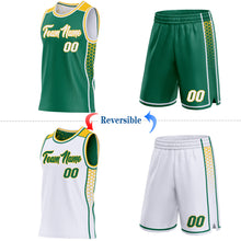 Load image into Gallery viewer, Custom Kelly Green White-Gold Side Panel Stripe Geometric Triangle Gradient Dot Reversible Double Side Sublimation Basketball Set Jersey

