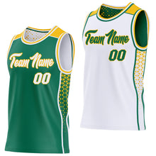 Load image into Gallery viewer, Custom Kelly Green White-Gold Side Panel Stripe Geometric Triangle Gradient Dot Reversible Double Side Sublimation Basketball Set Jersey
