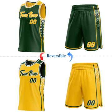 Custom Green Gold-White Side Panel Stripe Geometric Triangle Gradient Dot Reversible Double Side Sublimation Basketball Set Jersey