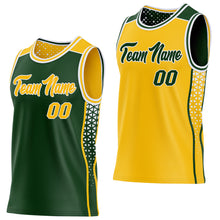 Laden Sie das Bild in den Galerie-Viewer, Custom Green Gold-White Side Panel Stripe Geometric Triangle Gradient Dot Reversible Double Side Sublimation Basketball Set Jersey
