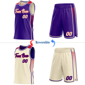 Custom Purple Cream-Red Side Panel Stripe Geometric Triangle Gradient Dot Reversible Double Side Sublimation Basketball Set Jersey