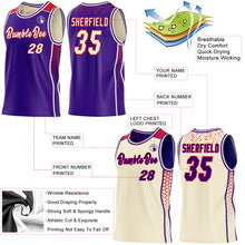 Laden Sie das Bild in den Galerie-Viewer, Custom Purple Cream-Red Side Panel Stripe Geometric Triangle Gradient Dot Reversible Double Side Sublimation Basketball Set Jersey
