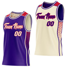 Laden Sie das Bild in den Galerie-Viewer, Custom Purple Cream-Red Side Panel Stripe Geometric Triangle Gradient Dot Reversible Double Side Sublimation Basketball Set Jersey
