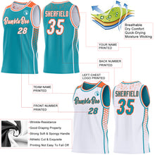 Charger l'image dans la galerie, Custom Teal White-Orange Side Panel Stripe Geometric Triangle Gradient Dot Reversible Double Side Sublimation Basketball Set Jersey
