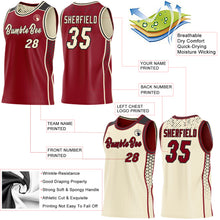 Load image into Gallery viewer, Custom Maroon Cream-Black Side Panel Stripe Geometric Triangle Gradient Dot Reversible Double Side Sublimation Basketball Set Jersey
