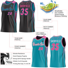 Laden Sie das Bild in den Galerie-Viewer, Custom Black Pink-Teal Side Panel Stripe Geometric Triangle Gradient Dot Reversible Double Side Sublimation Basketball Set Jersey
