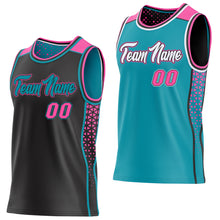 Laden Sie das Bild in den Galerie-Viewer, Custom Black Pink-Teal Side Panel Stripe Geometric Triangle Gradient Dot Reversible Double Side Sublimation Basketball Set Jersey
