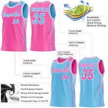 Laden Sie das Bild in den Galerie-Viewer, Custom Pink Sky Blue-White Side Panel Stripe Geometric Triangle Gradient Dot Reversible Double Side Sublimation Basketball Set Jersey
