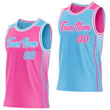 Laden Sie das Bild in den Galerie-Viewer, Custom Pink Sky Blue-White Side Panel Stripe Geometric Triangle Gradient Dot Reversible Double Side Sublimation Basketball Set Jersey
