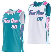Laden Sie das Bild in den Galerie-Viewer, Custom Teal White-Pink Side Panel Stripe Geometric Triangle Gradient Dot Reversible Double Side Sublimation Basketball Set Jersey

