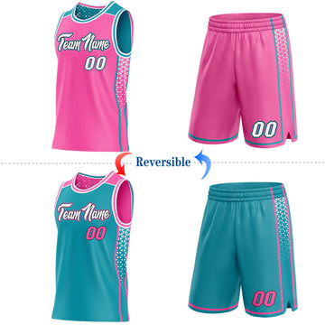 Custom Pink White Black-Teal Side Panel Stripe Geometric Triangle Gradient Dot Reversible Double Side Sublimation Basketball Set Jersey