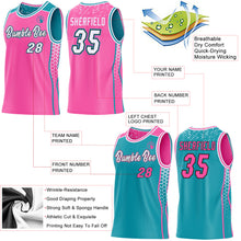 Laden Sie das Bild in den Galerie-Viewer, Custom Pink White Black-Teal Side Panel Stripe Geometric Triangle Gradient Dot Reversible Double Side Sublimation Basketball Set Jersey
