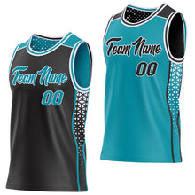 Load image into Gallery viewer, Custom Black Teal-White Side Panel Stripe Geometric Triangle Gradient Dot Reversible Double Side Sublimation Basketball Set Jersey
