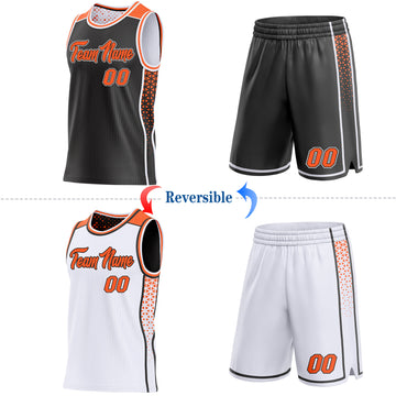 Custom Black Orange-White Side Panel Stripe Geometric Triangle Gradient Dot Reversible Double Side Sublimation Basketball Set Jersey