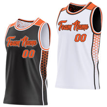Charger l'image dans la galerie, Custom Black Orange-White Side Panel Stripe Geometric Triangle Gradient Dot Reversible Double Side Sublimation Basketball Set Jersey
